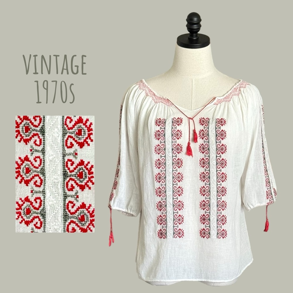Vintage White 70s Romanian Blouse hand stitched